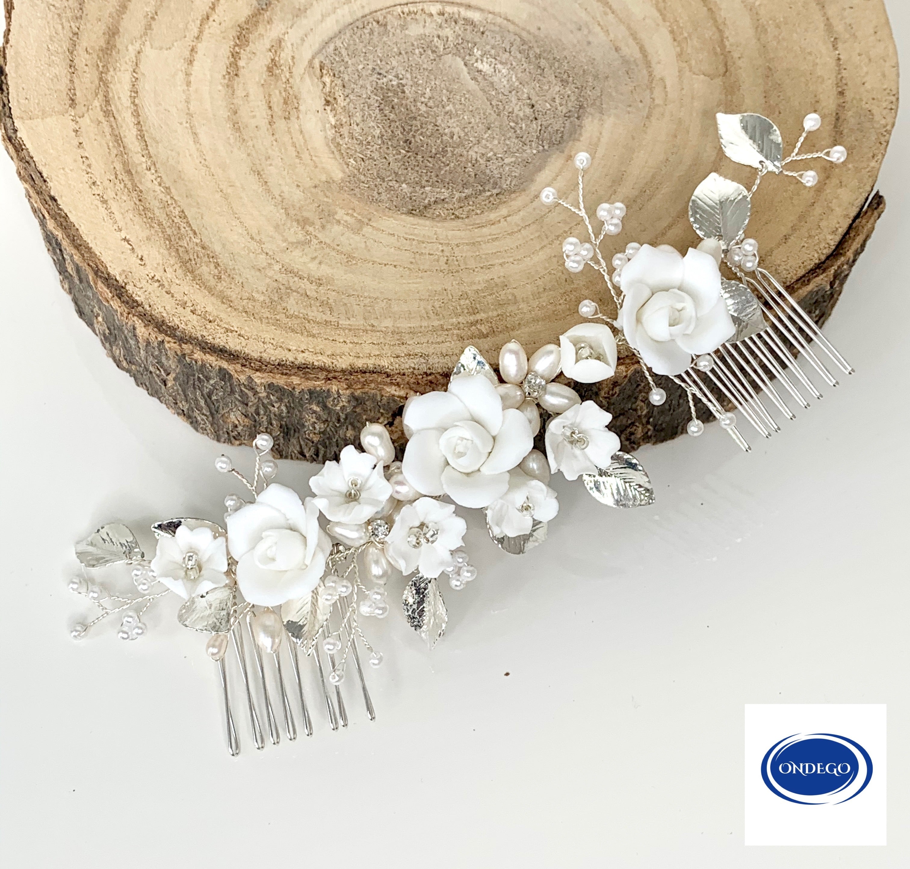 3D Silber Haarkamm – Blüten & Blätter mit Perlen und Strass | Eleganter Brauthaarschmuck | ONDEGO®
