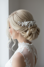 3D Silber Haarkamm – Blüten & Blätter mit Perlen und Strass | Eleganter Brauthaarschmuck | ONDEGO®