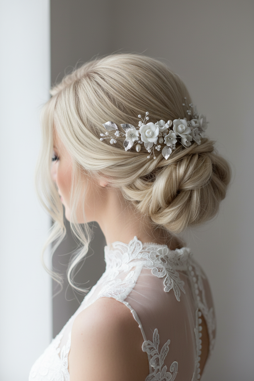 3D Silber Haarkamm – Blüten & Blätter mit Perlen und Strass | Eleganter Brauthaarschmuck | ONDEGO®