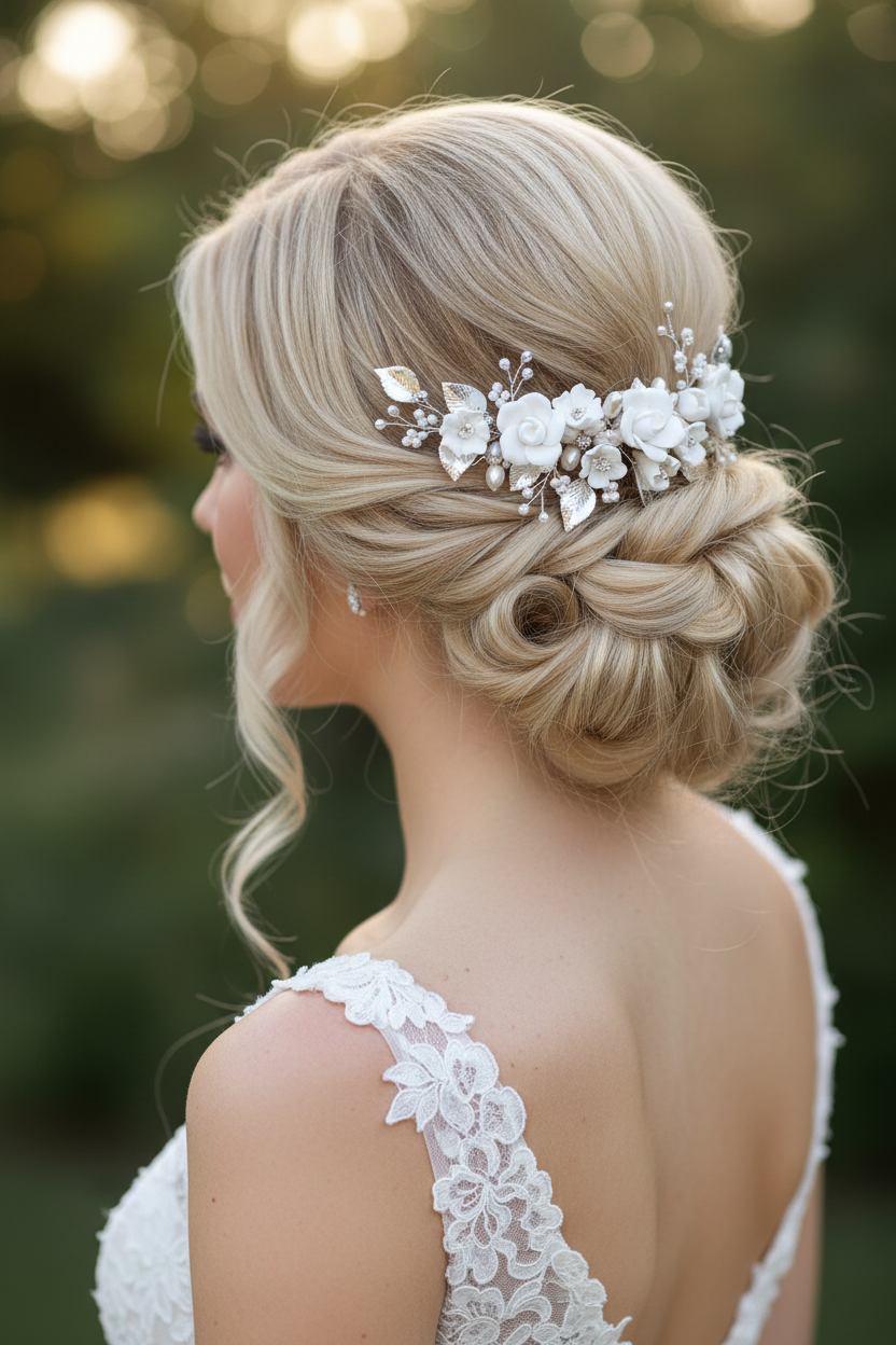 3D Silber Haarkamm – Blüten & Blätter mit Perlen und Strass | Eleganter Brauthaarschmuck | ONDEGO®