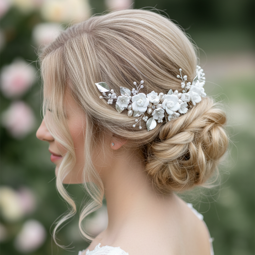 3D Silber Haarkamm – Blüten & Blätter mit Perlen und Strass | Eleganter Brauthaarschmuck | ONDEGO®