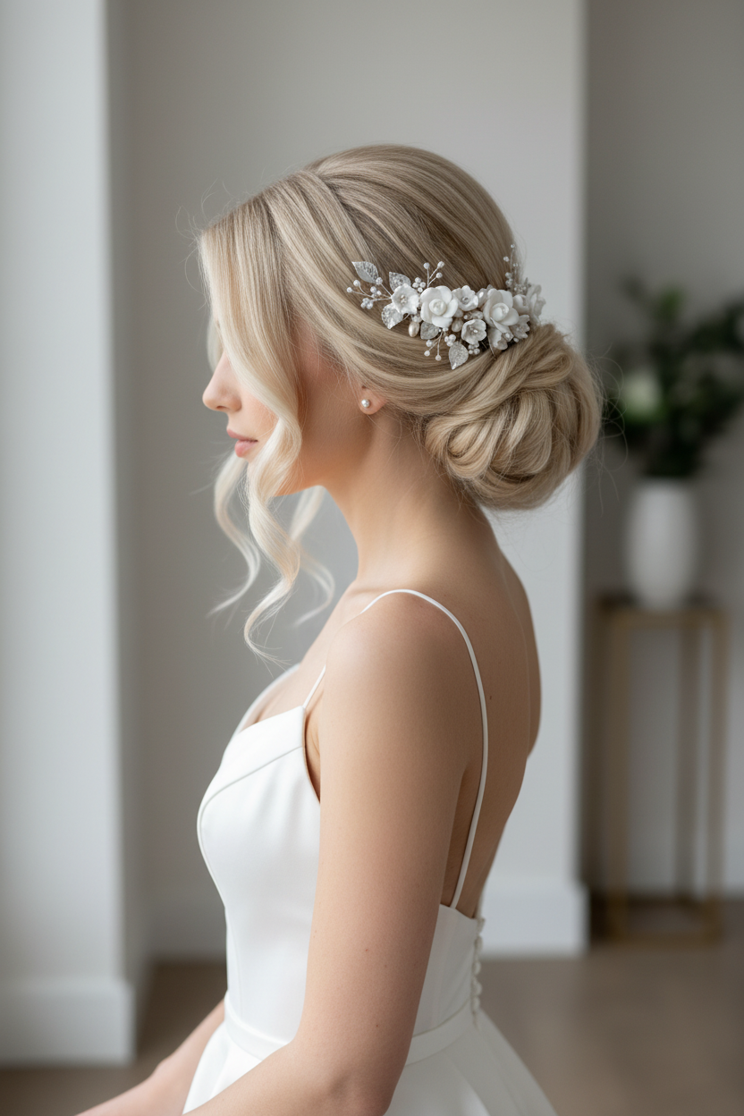 3D Silber Haarkamm – Blüten & Blätter mit Perlen und Strass | Eleganter Brauthaarschmuck | ONDEGO®