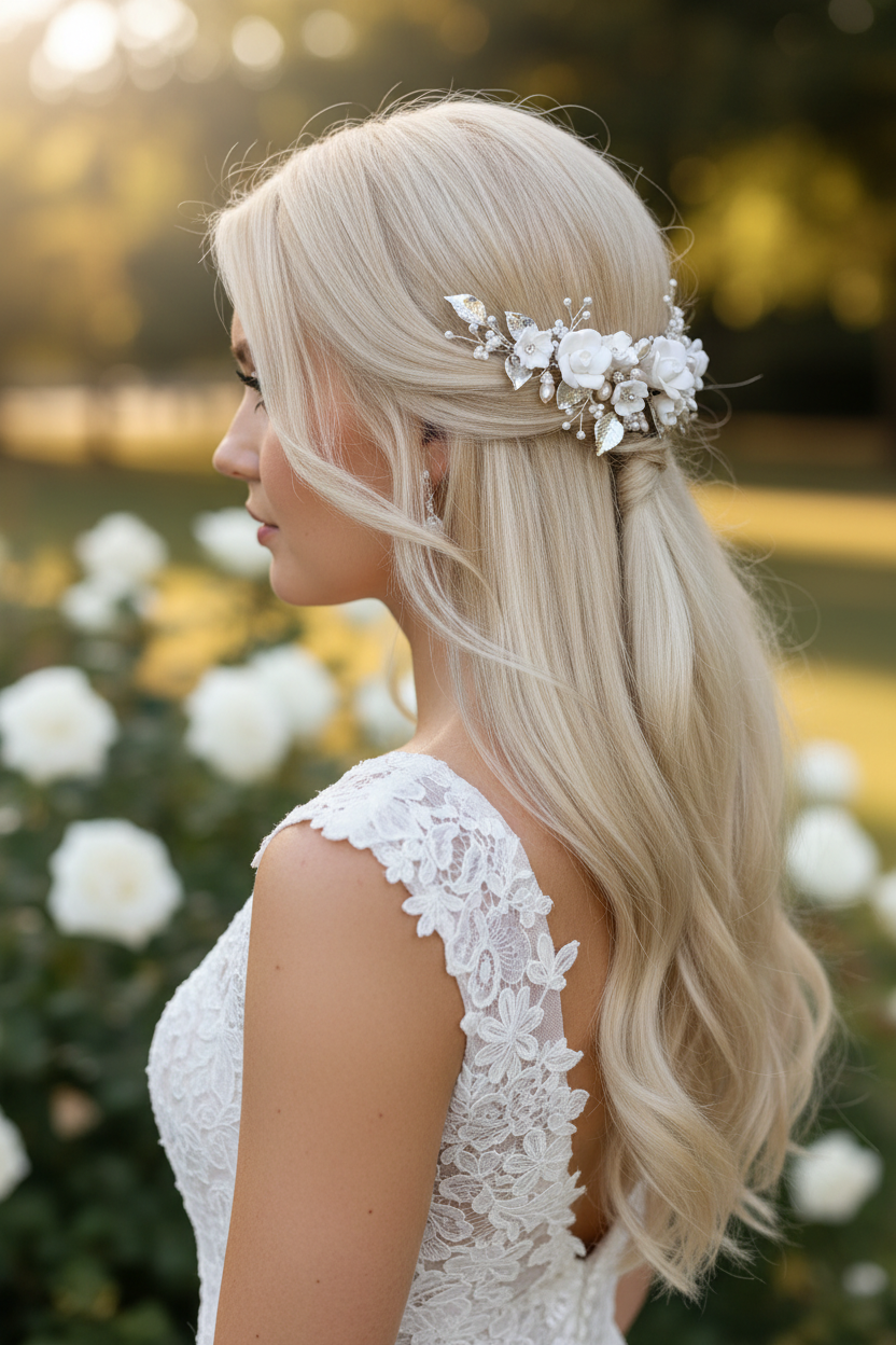 3D Silber Haarkamm – Blüten & Blätter mit Perlen und Strass | Eleganter Brauthaarschmuck | ONDEGO®