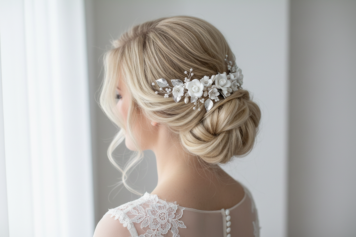 3D Silber Haarkamm – Blüten & Blätter mit Perlen und Strass | Eleganter Brauthaarschmuck | ONDEGO®