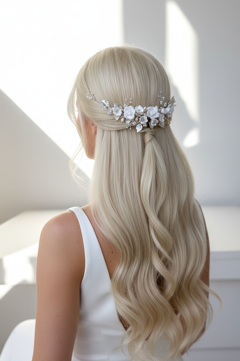 3D Silber Haarkamm – Blüten & Blätter mit Perlen und Strass | Eleganter Brauthaarschmuck | ONDEGO®