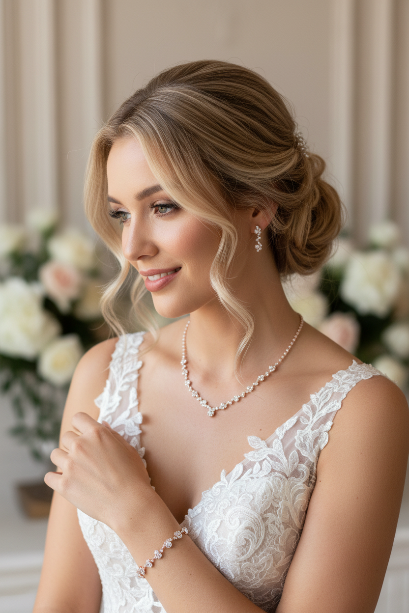 Strass Schmuckset Roségold – Halskette, Ohrringe & Armband | Eleganter Brautschmuck | ONDEGO®