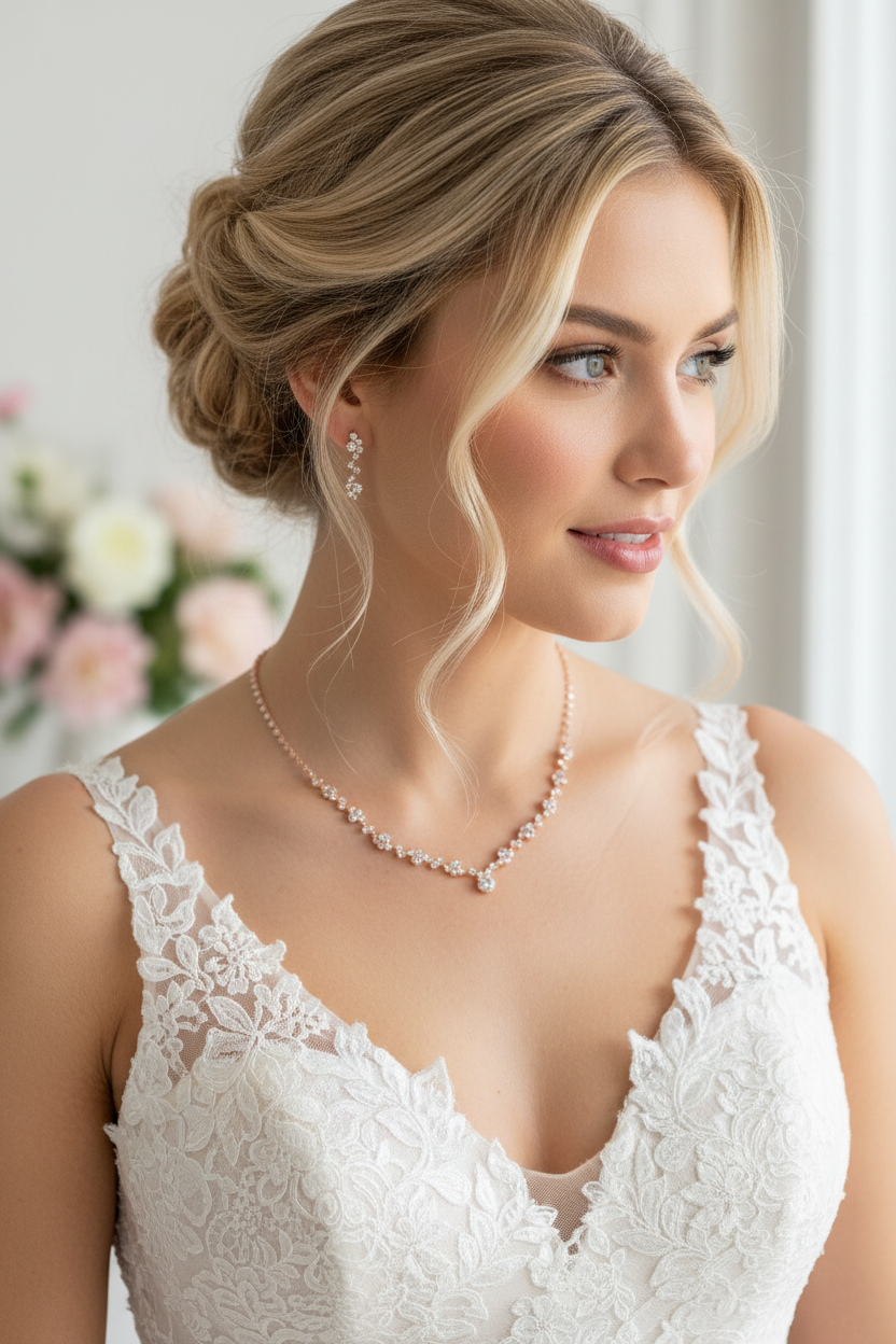 Brautschmuck Set Roségold – Rückenkette, Collier, Armband & Ohrringe mit Strass | ONDEGO®