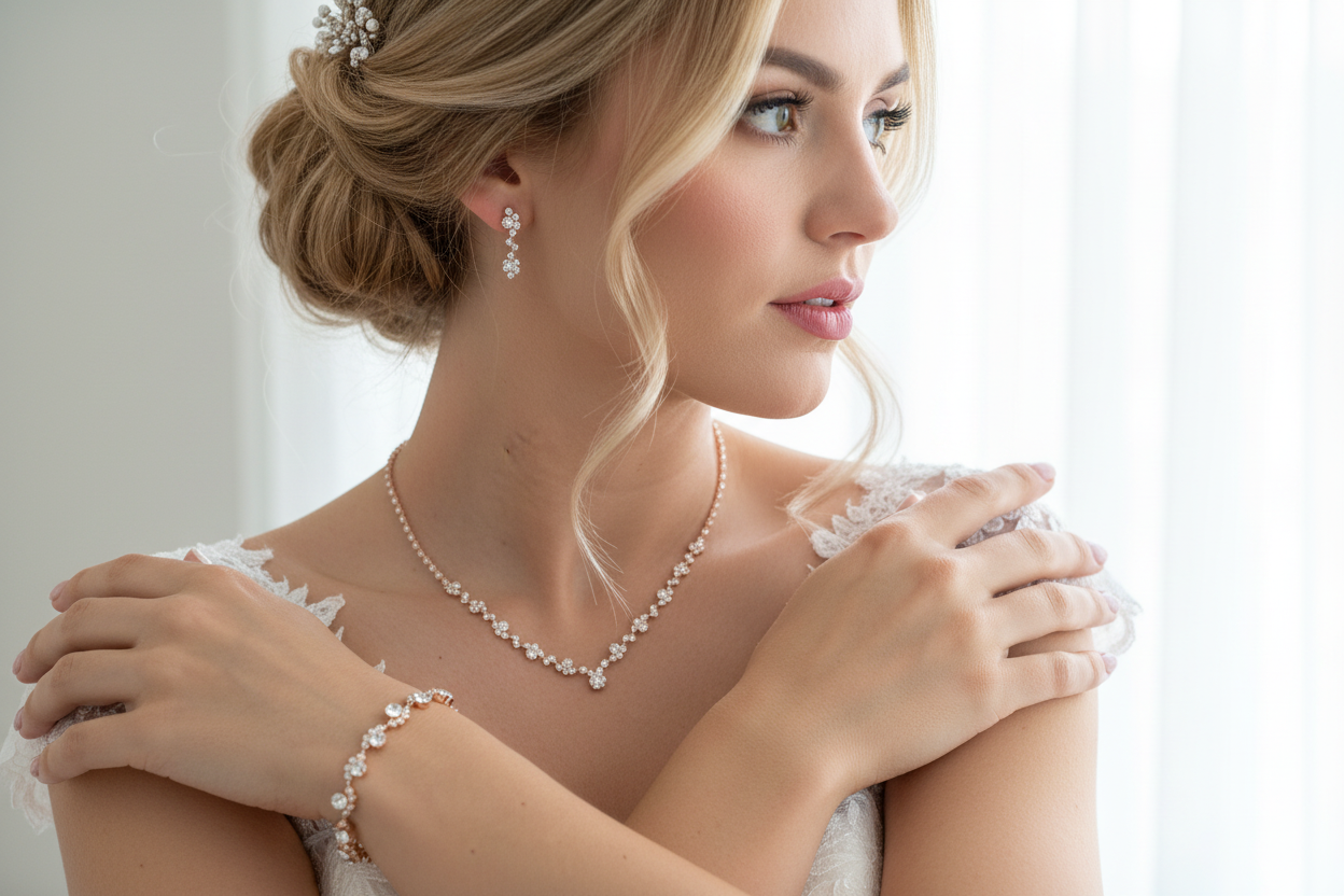 Strass Schmuckset Roségold – Halskette, Ohrringe & Armband | Eleganter Brautschmuck | ONDEGO®