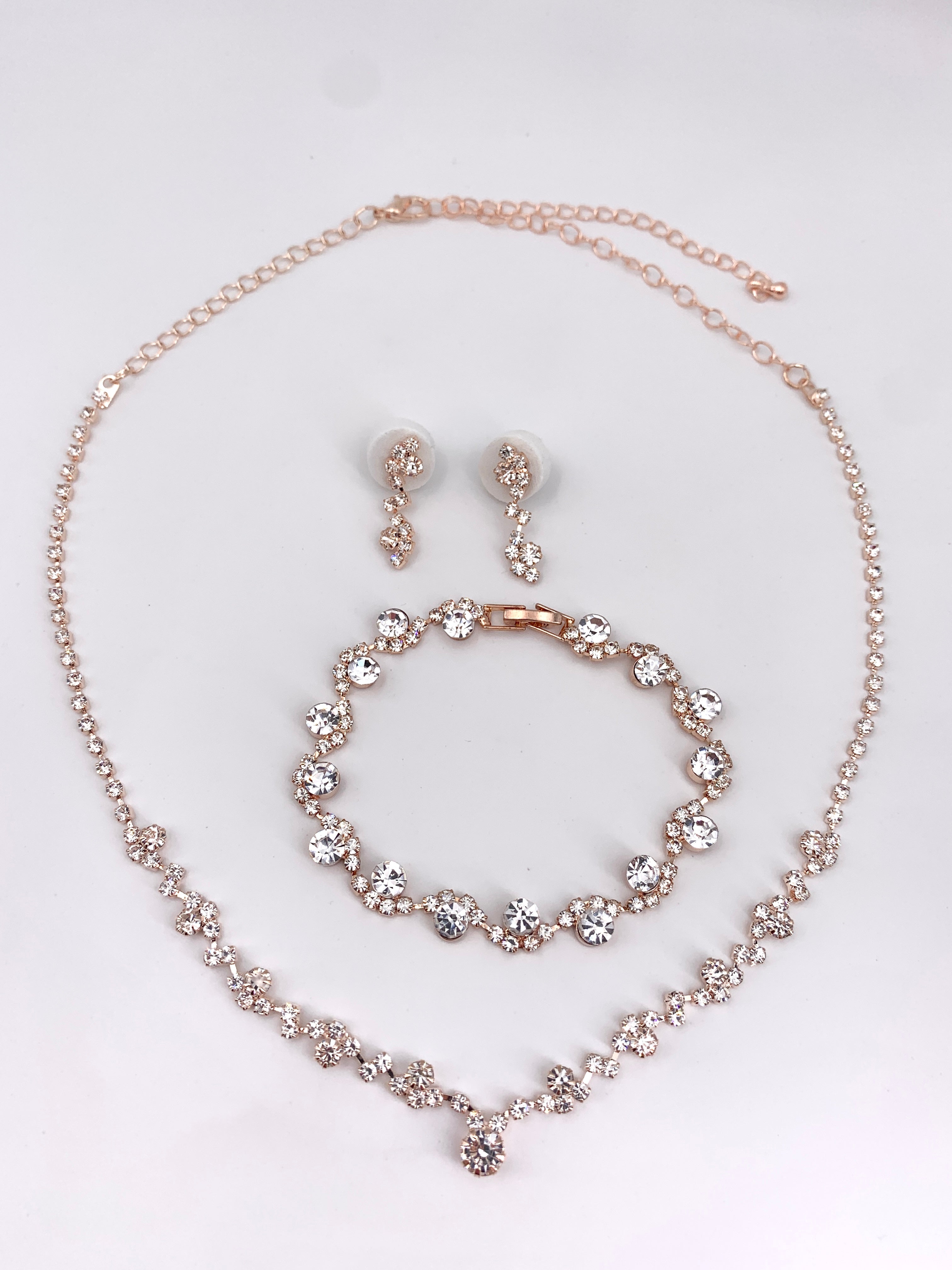 Strass Schmuckset Roségold – Halskette, Ohrringe & Armband | Eleganter Brautschmuck | ONDEGO®