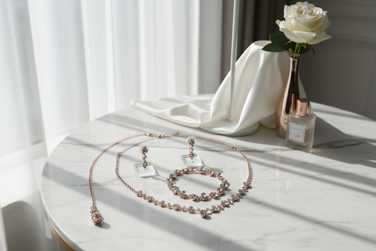 Brautschmuck Set Roségold – Rückenkette, Collier, Armband & Ohrringe mit Strass | ONDEGO®