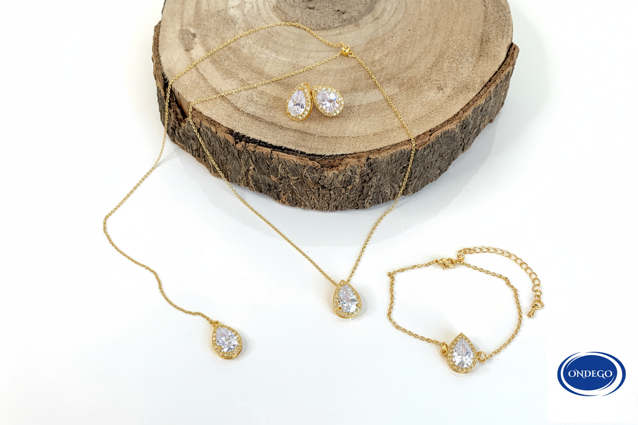 Goldenes Rückenkette Schmuckset mit Zirkonia Tropfen – elegantes 2-in-1 Set | ONDEGO®