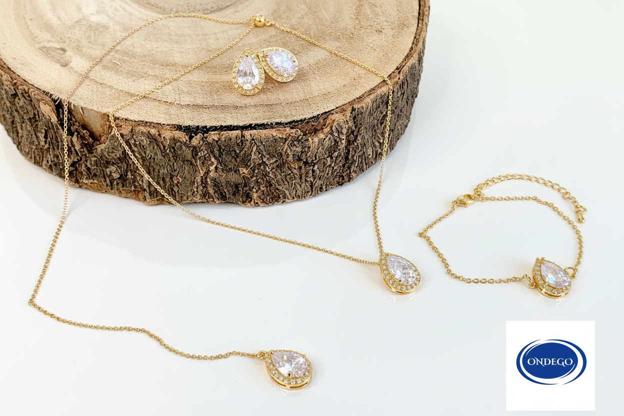 Goldenes Rückenkette Schmuckset mit Zirkonia Tropfen – elegantes 2-in-1 Set | ONDEGO®