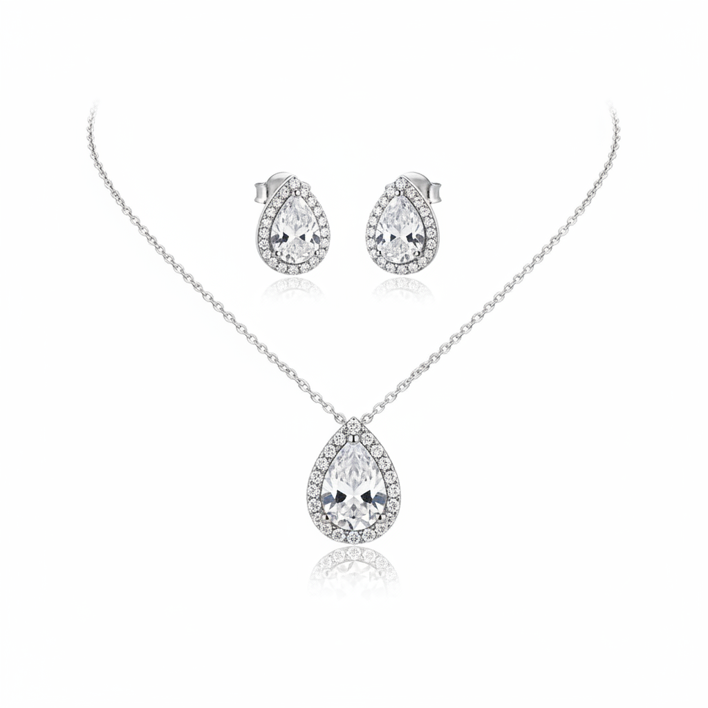 Silber Rückenkette Schmuckset mit Zirkonia Tropfen – elegantes 2-in-1 Set | ONDEGO®