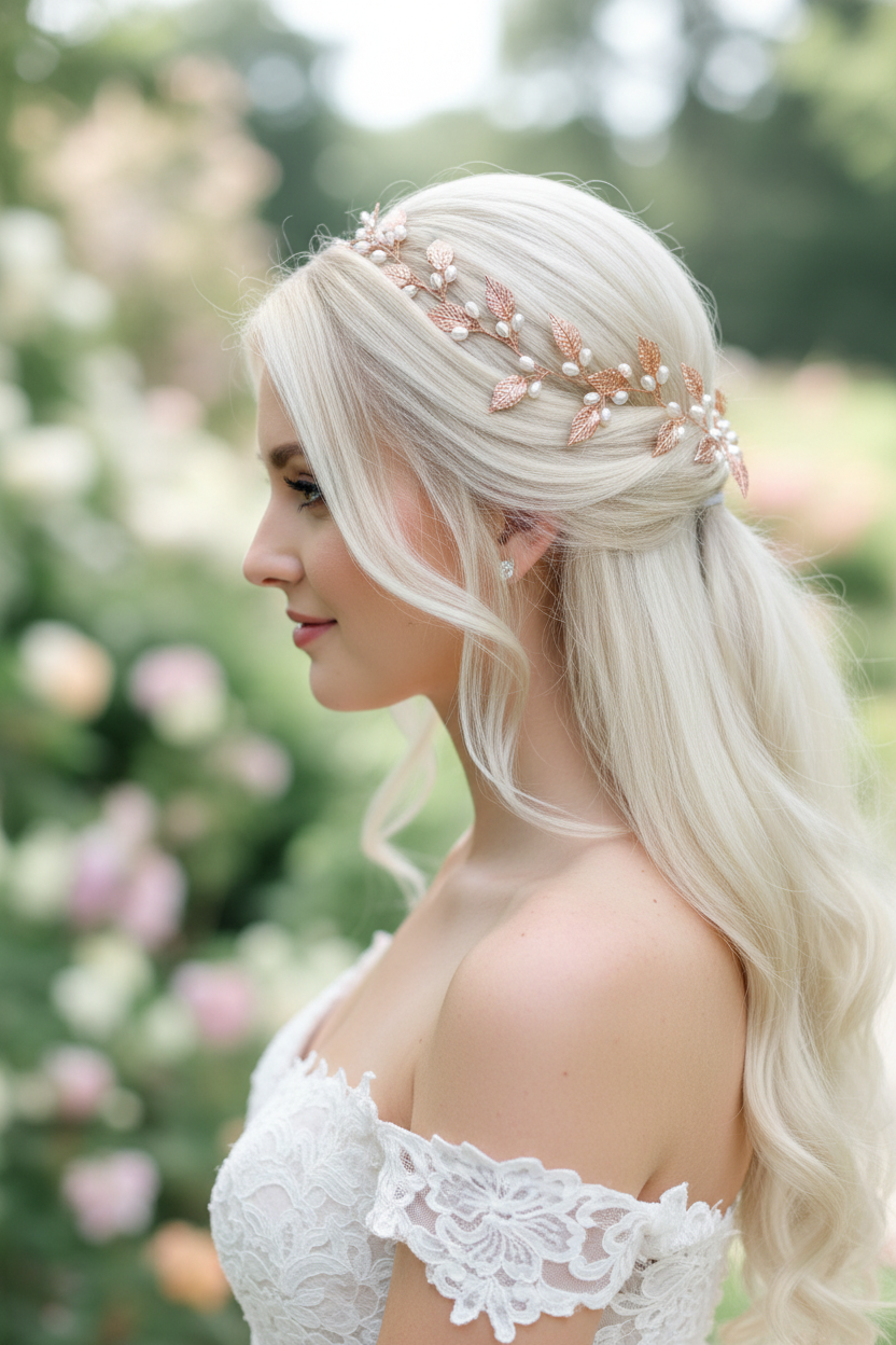 XXL Haardraht Rosegold mit Perlen & Blättern – Brautschmuck Hochzeit | ONDEGO®