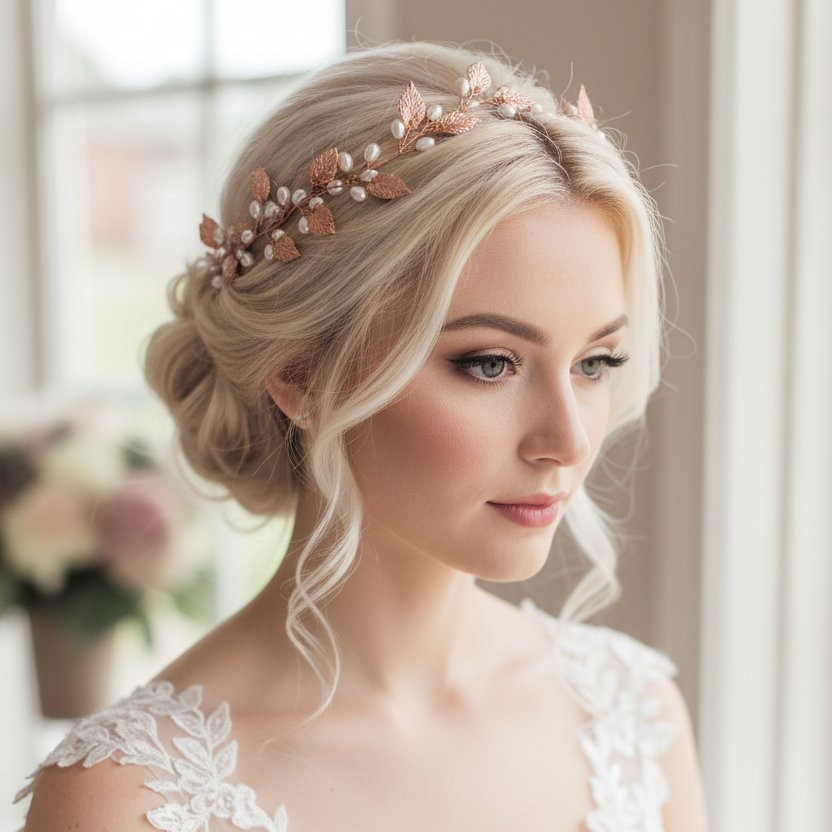 XXL Haardraht Rosegold mit Perlen & Blättern – Brautschmuck Hochzeit | ONDEGO®
