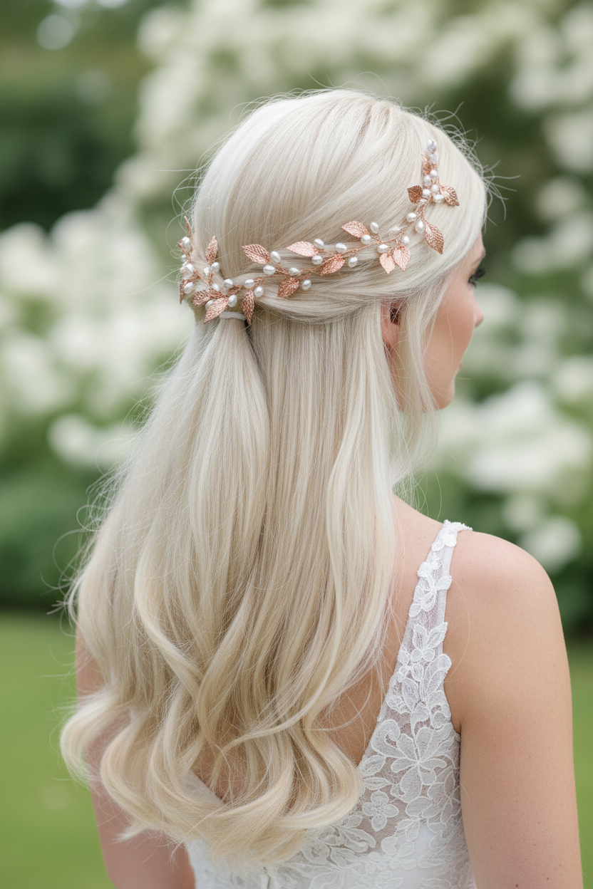 XXL Haardraht Rosegold mit Perlen & Blättern – Brautschmuck Hochzeit | ONDEGO®