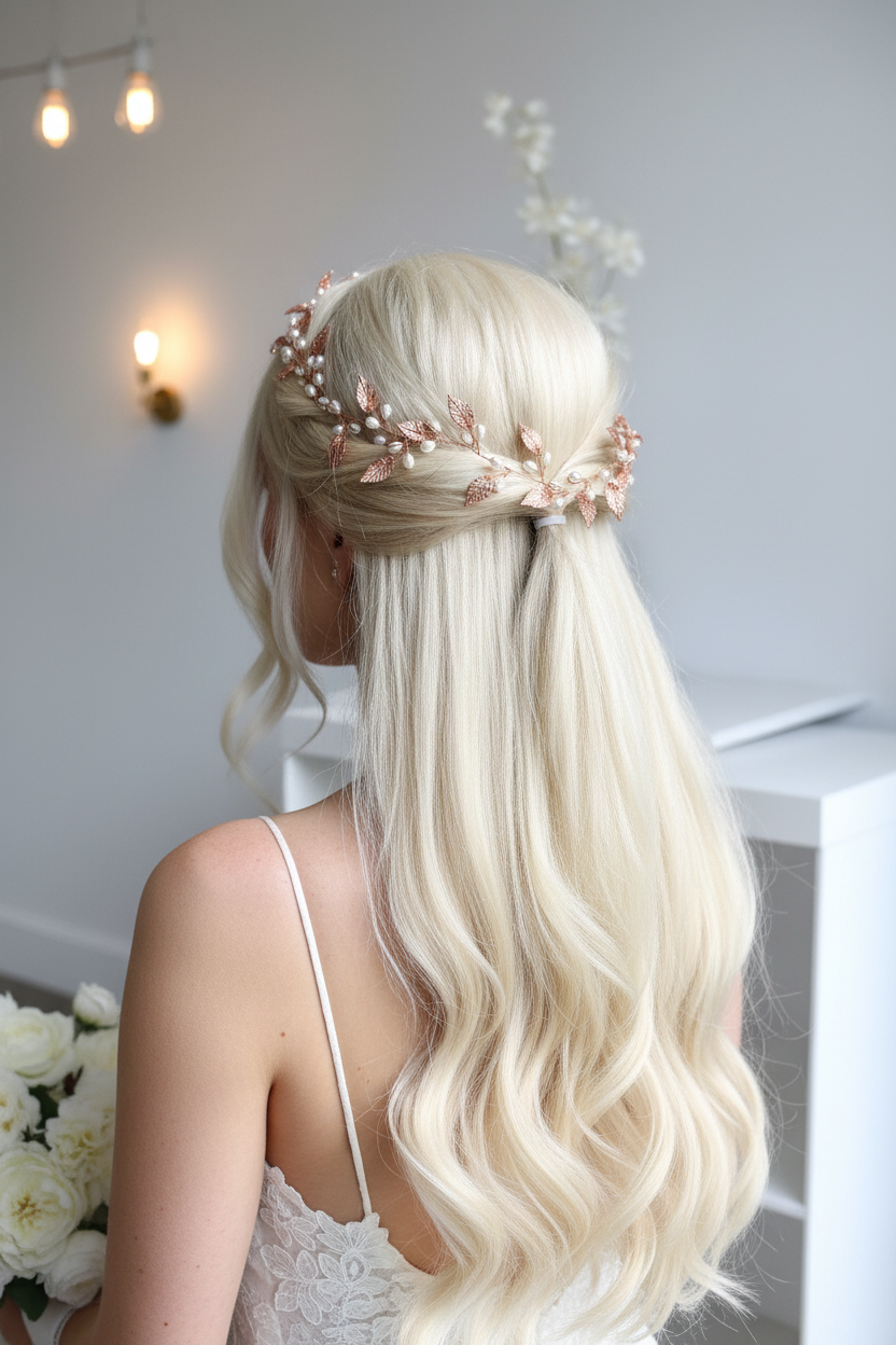 XXL Haardraht Rosegold mit Perlen & Blättern – Brautschmuck Hochzeit | ONDEGO®