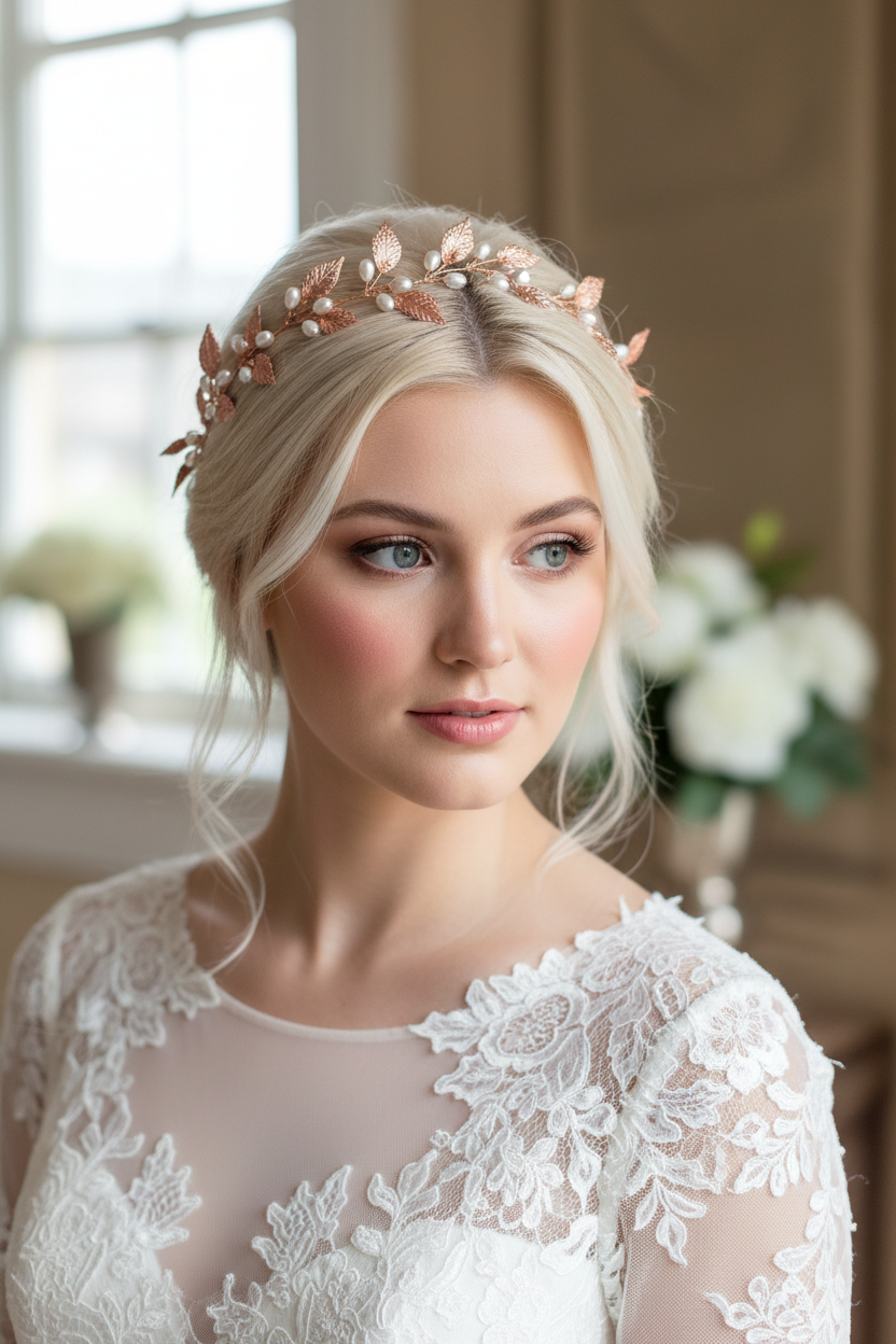 XXL Haardraht Rosegold mit Perlen & Blättern – Brautschmuck Hochzeit | ONDEGO®