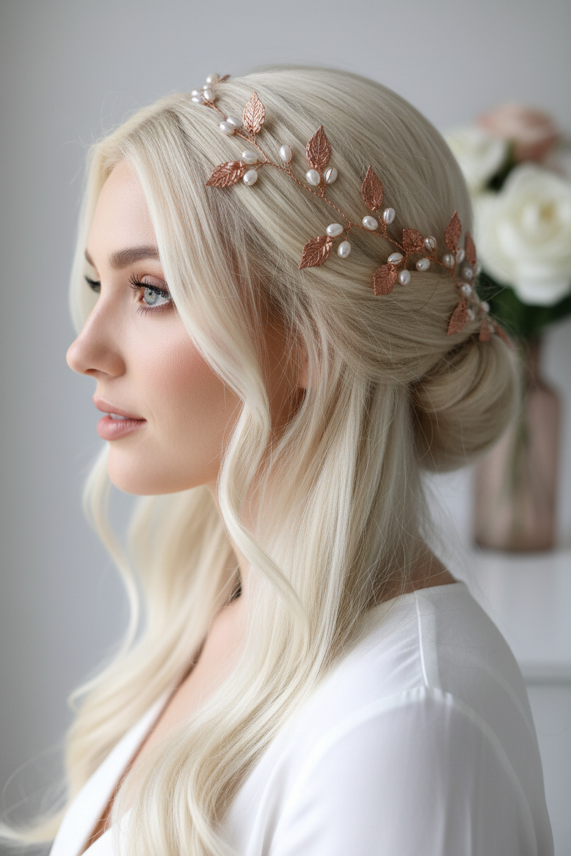 XXL Haardraht Rosegold mit Perlen & Blättern – Brautschmuck Hochzeit | ONDEGO®