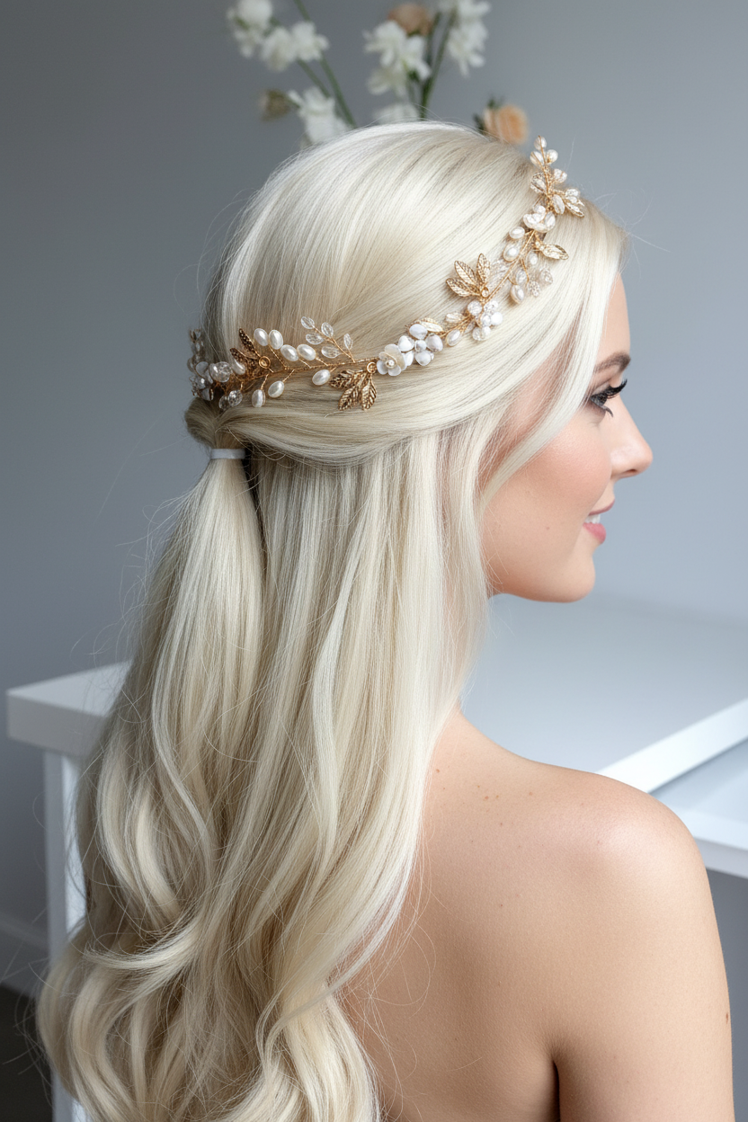 Haarranke Gold mit Kristallen & Perlen – Flexibler Braut Haardraht in Blattform für Hochzeit & festliche Anlässe | ONDEGO®