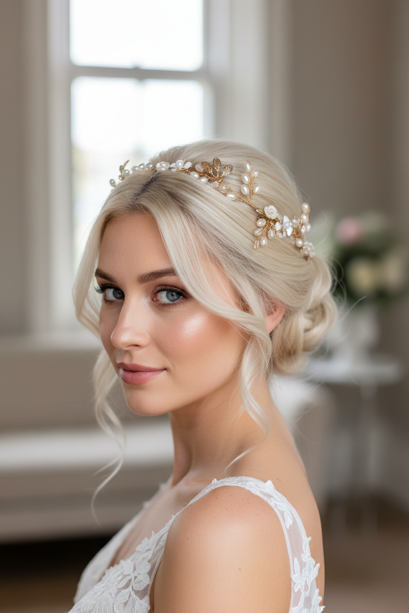 Haarranke Gold mit Kristallen & Perlen – Flexibler Braut Haardraht in Blattform für Hochzeit & festliche Anlässe | ONDEGO®
