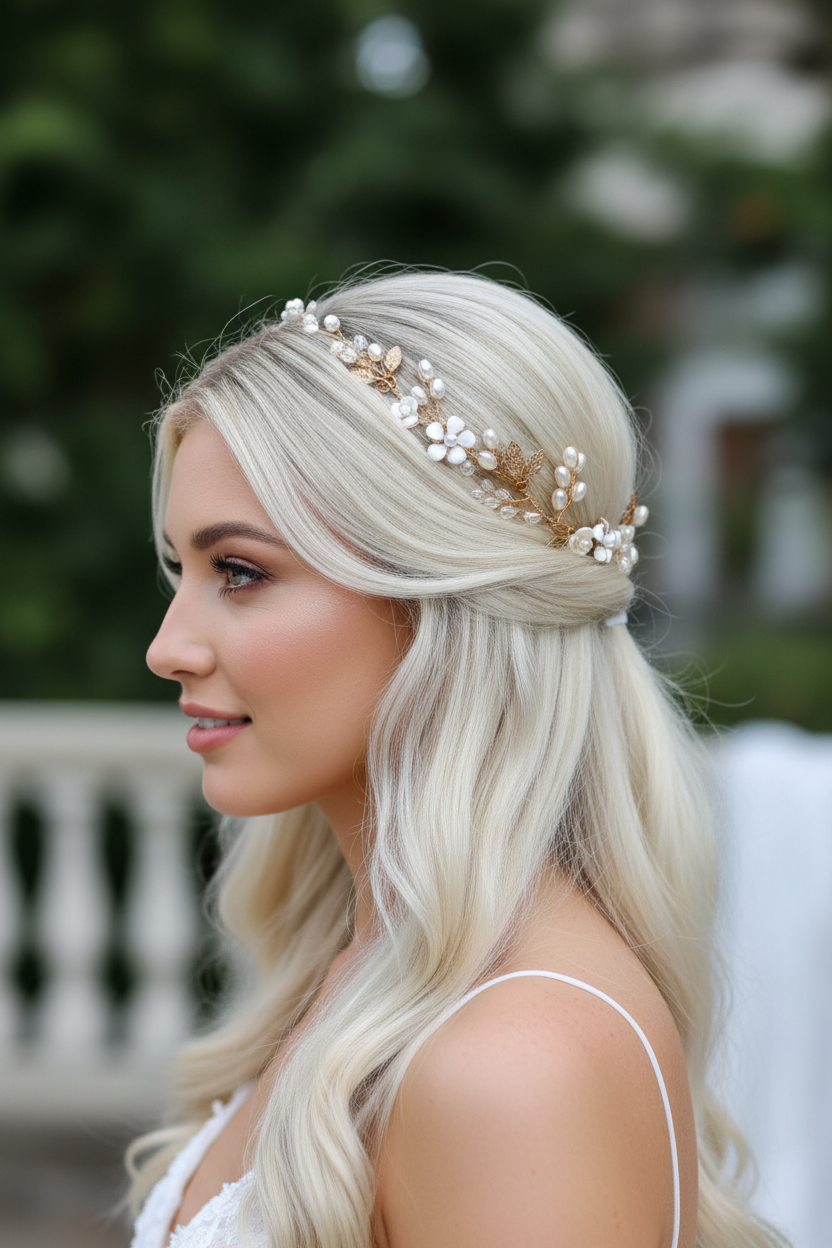 Haarranke Gold mit Kristallen & Perlen – Flexibler Braut Haardraht in Blattform für Hochzeit & festliche Anlässe | ONDEGO®