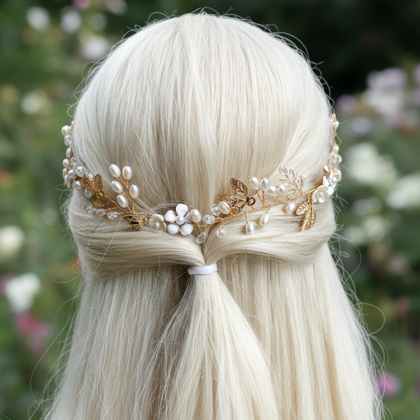 Haarranke Gold mit Kristallen & Perlen – Flexibler Braut Haardraht in Blattform für Hochzeit & festliche Anlässe | ONDEGO®