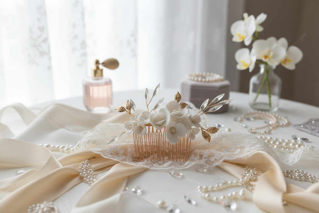 3D Gold Haarkamm – Handgemachte Blüten mit Perlen & Strass | Eleganter Brauthaarschmuck | ONDEGO®