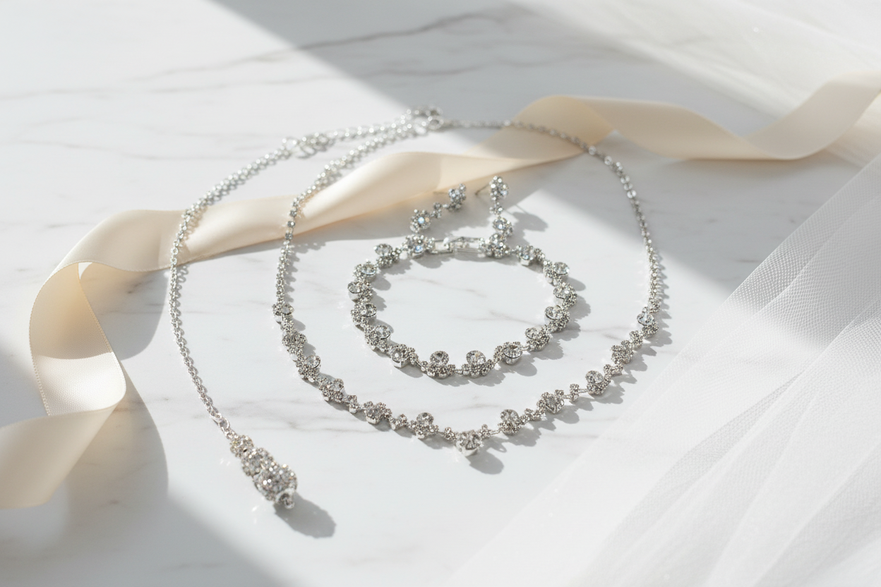 Brautschmuck Set Silber – Rückenkette, Collier, Armband & Ohrringe mit Strass | ONDEGO®