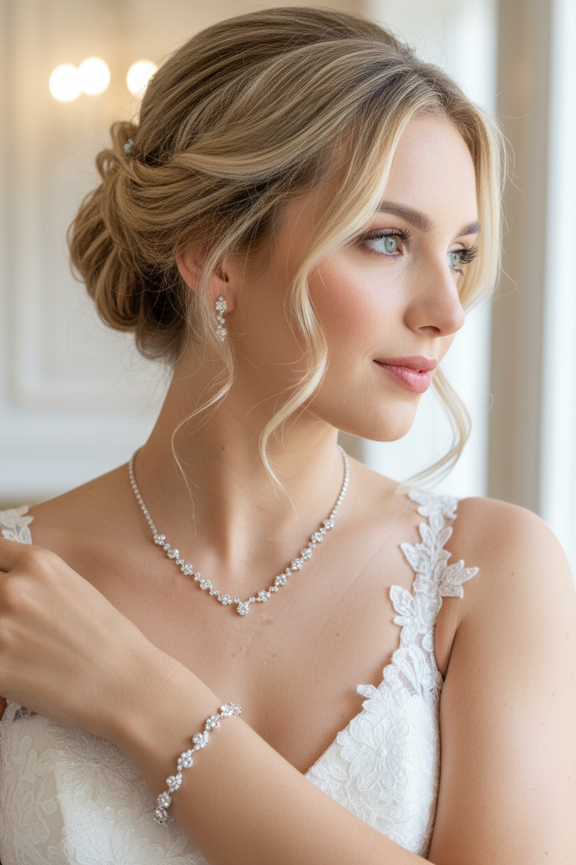 Brautschmuck Set Silber – Rückenkette, Collier, Armband & Ohrringe mit Strass | ONDEGO®