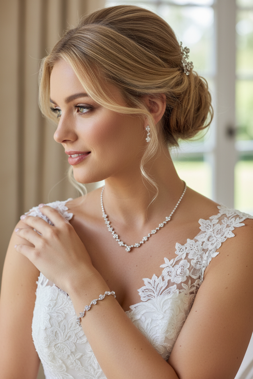 Brautschmuck Set Silber – Rückenkette, Collier, Armband & Ohrringe mit Strass | ONDEGO®