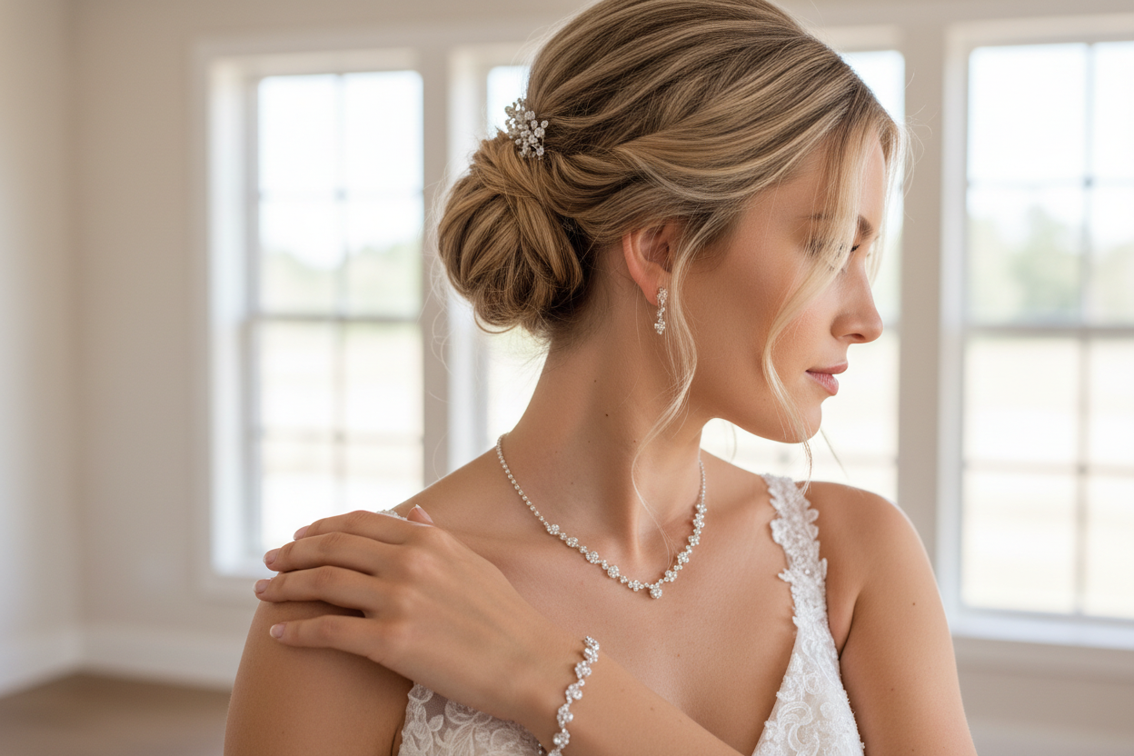 Brautschmuck Set Silber – Rückenkette, Collier, Armband & Ohrringe mit Strass | ONDEGO®