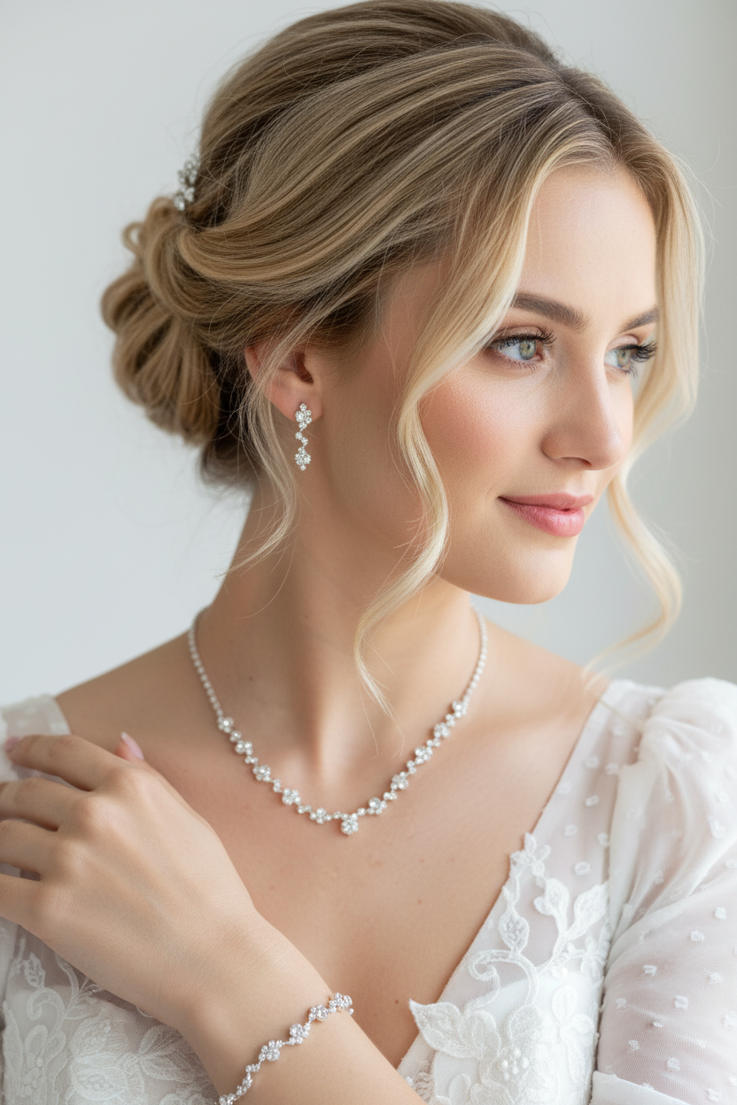 Brautschmuck Set Silber – Rückenkette, Collier, Armband & Ohrringe mit Strass | ONDEGO®