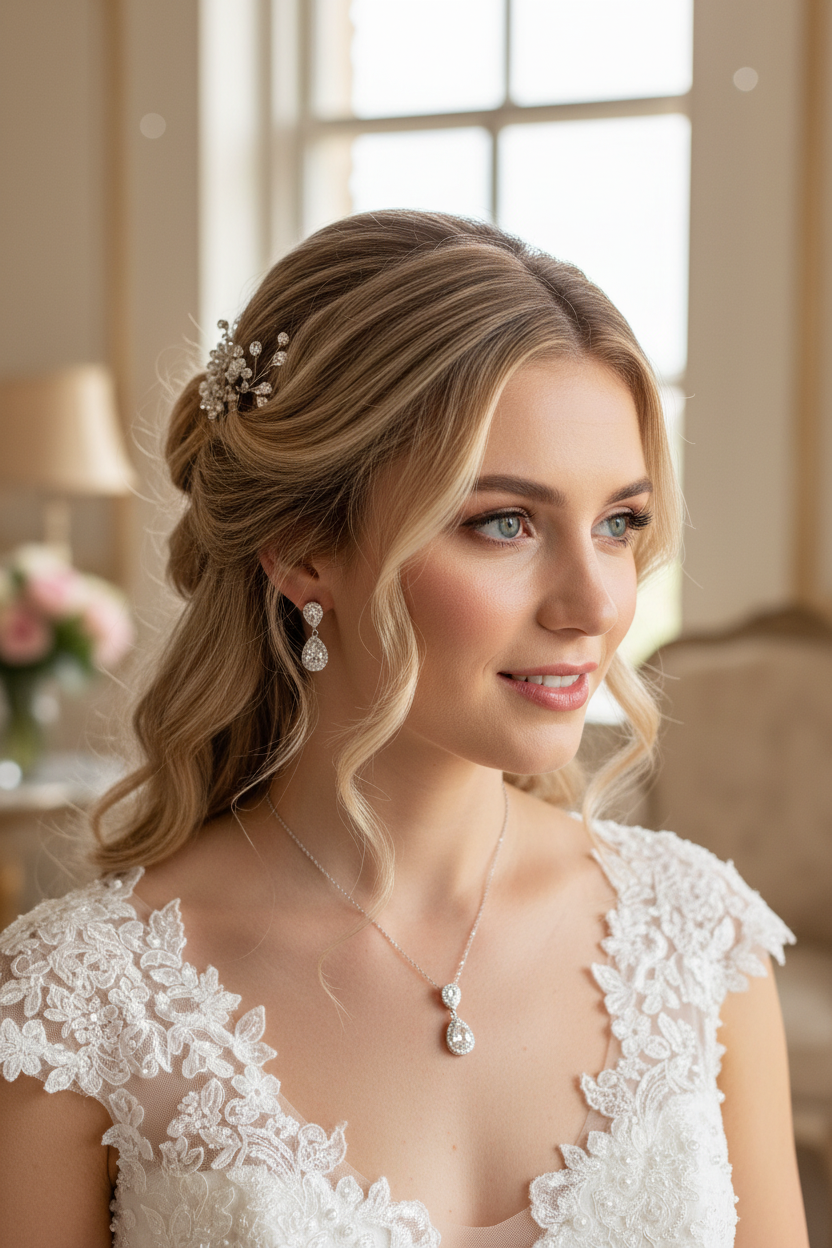 Brautschmuck Set Silber – Zirkonia Tropfen Kette, Ohrringe & Armband verstellbar | ONDEGO®