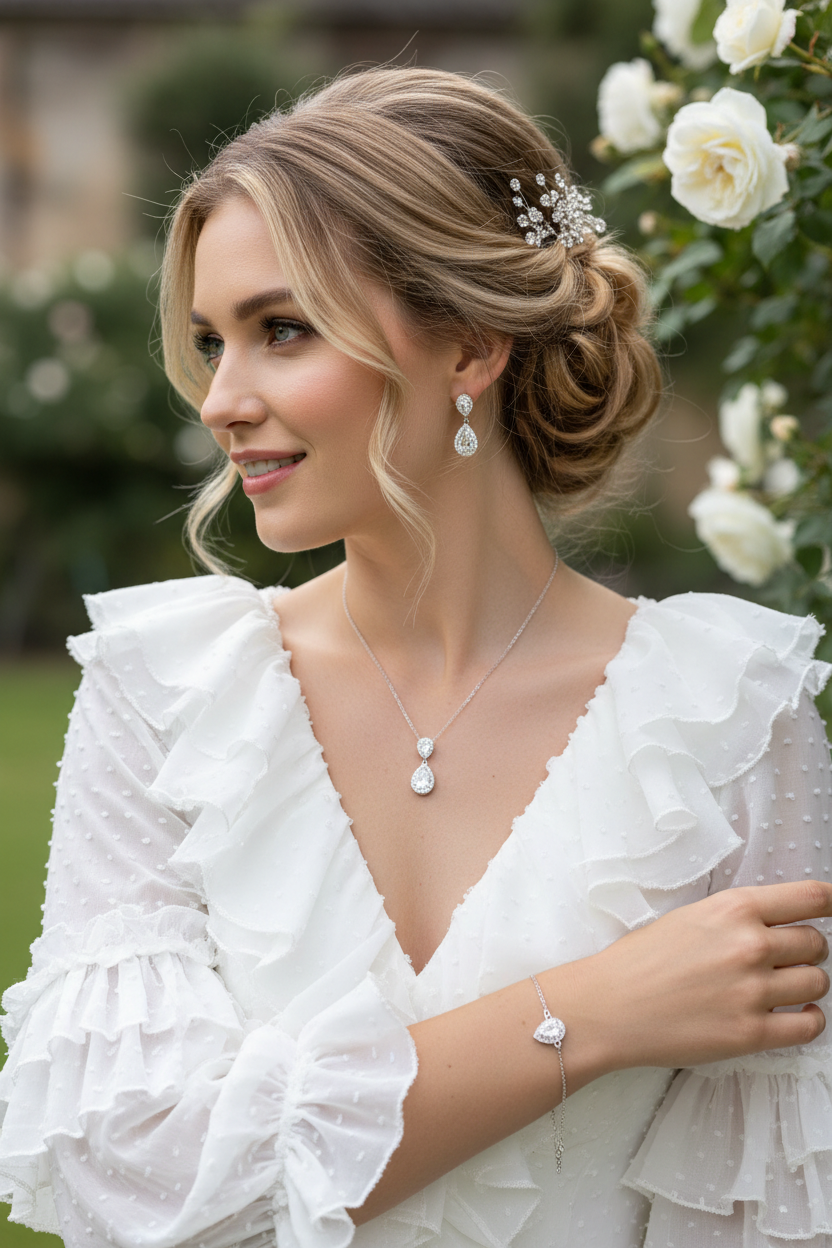 Brautschmuck Set Silber – Zirkonia Tropfen Kette, Ohrringe & Armband verstellbar | ONDEGO®