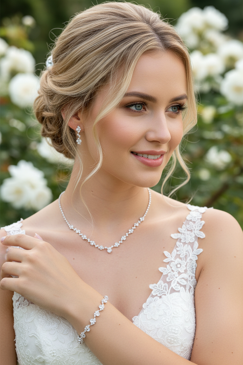 Strass Schmuckset Silber – Halskette, Ohrringe & Armband | Eleganter Brautschmuck | ONDEGO®