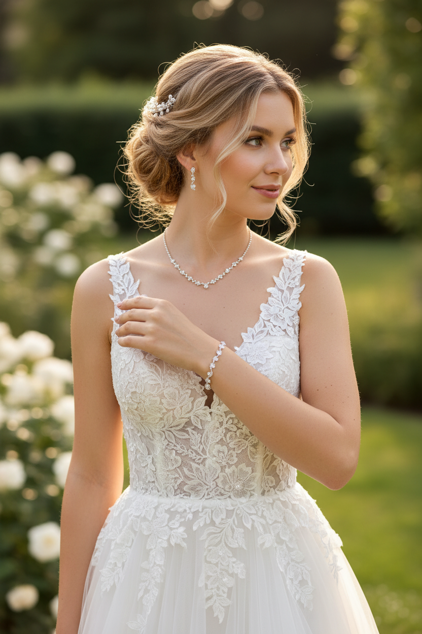 Strass Schmuckset Silber – Halskette, Ohrringe & Armband | Eleganter Brautschmuck | ONDEGO®