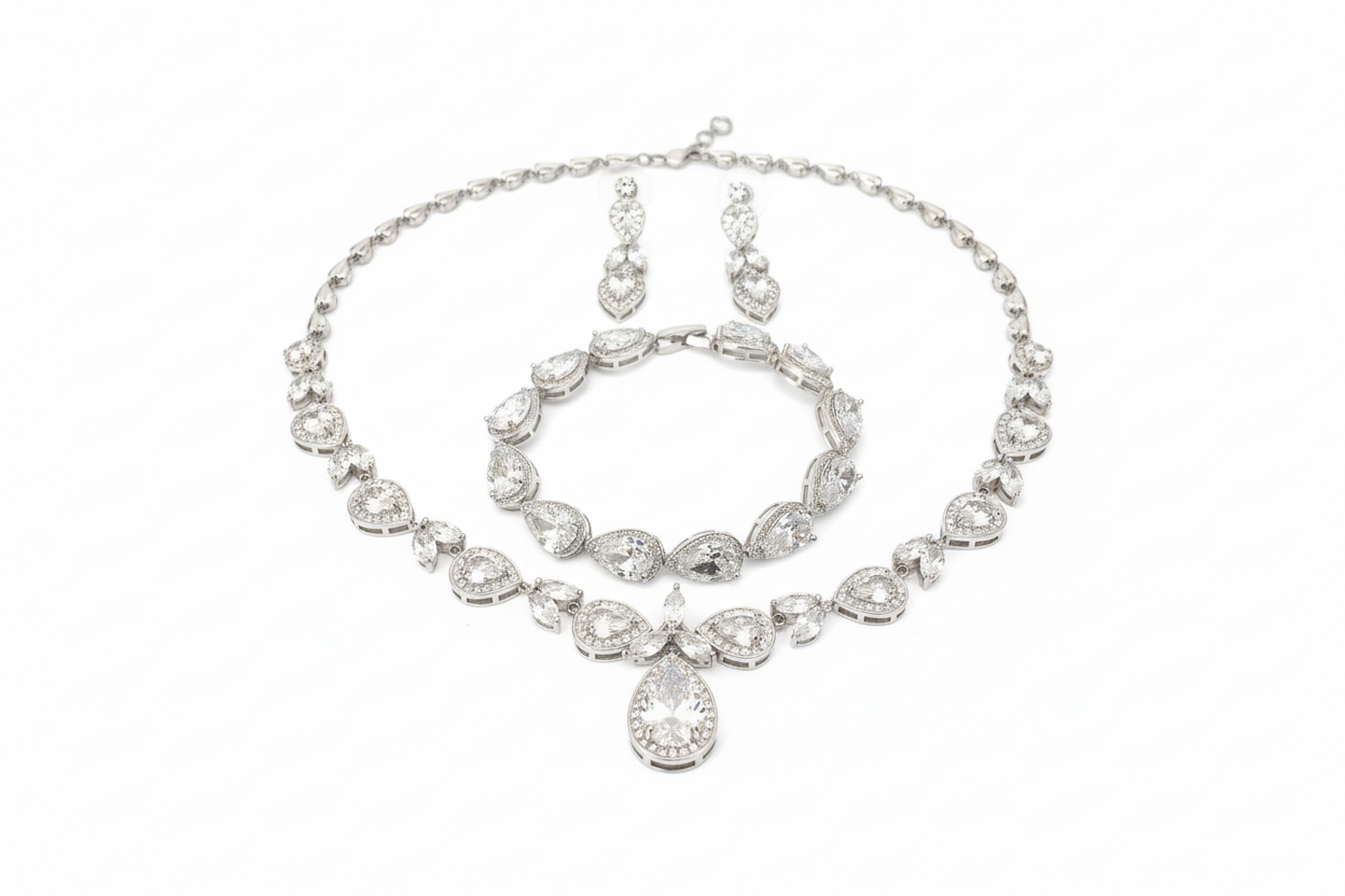 Zirkonia Schmuckset Silber – Collier, Ohrringe & Armband mit Tropfen-Design | ONDEGO®