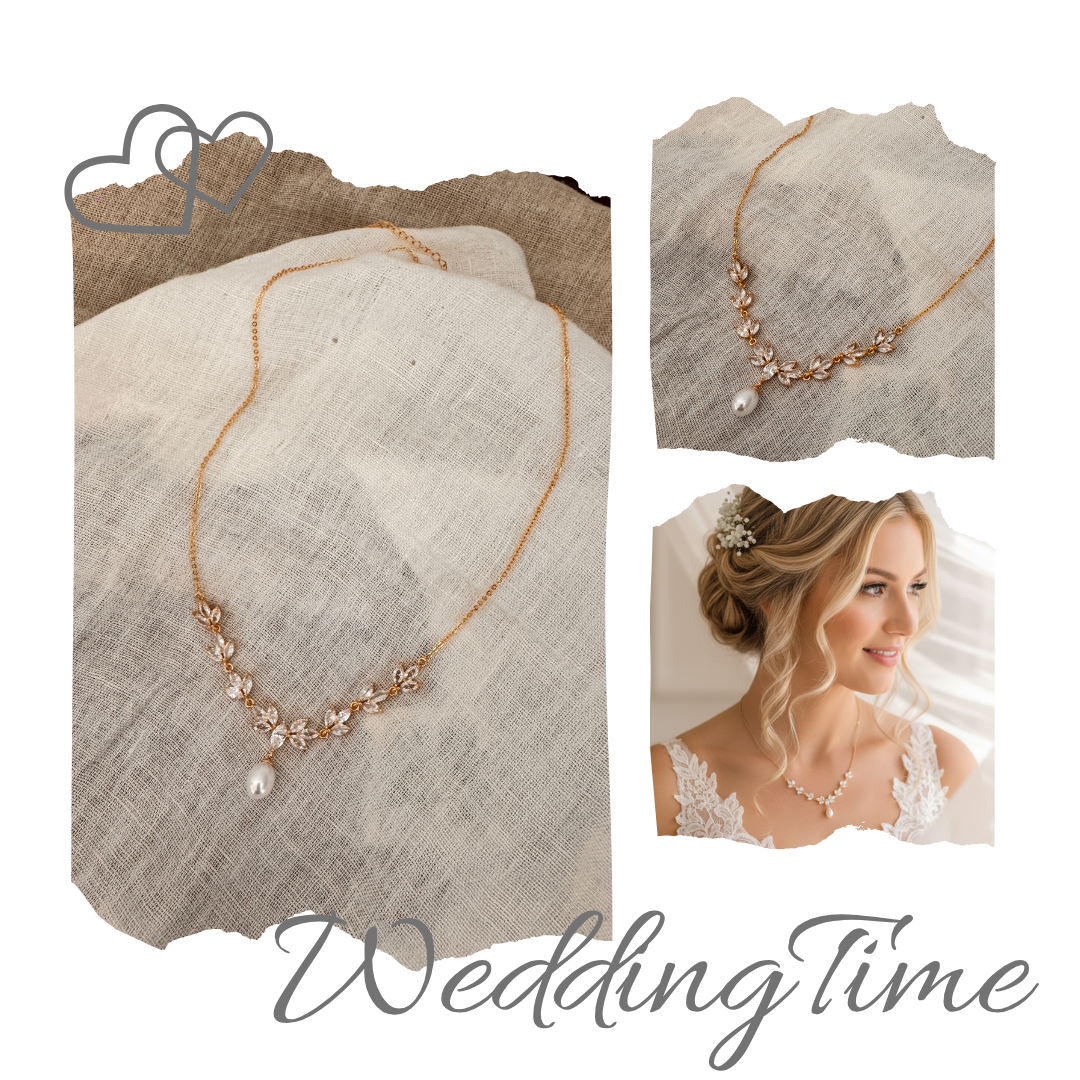 Halskette Gold mit Perle & Zirkonia – filigrane Brautkette im Blätterdesign