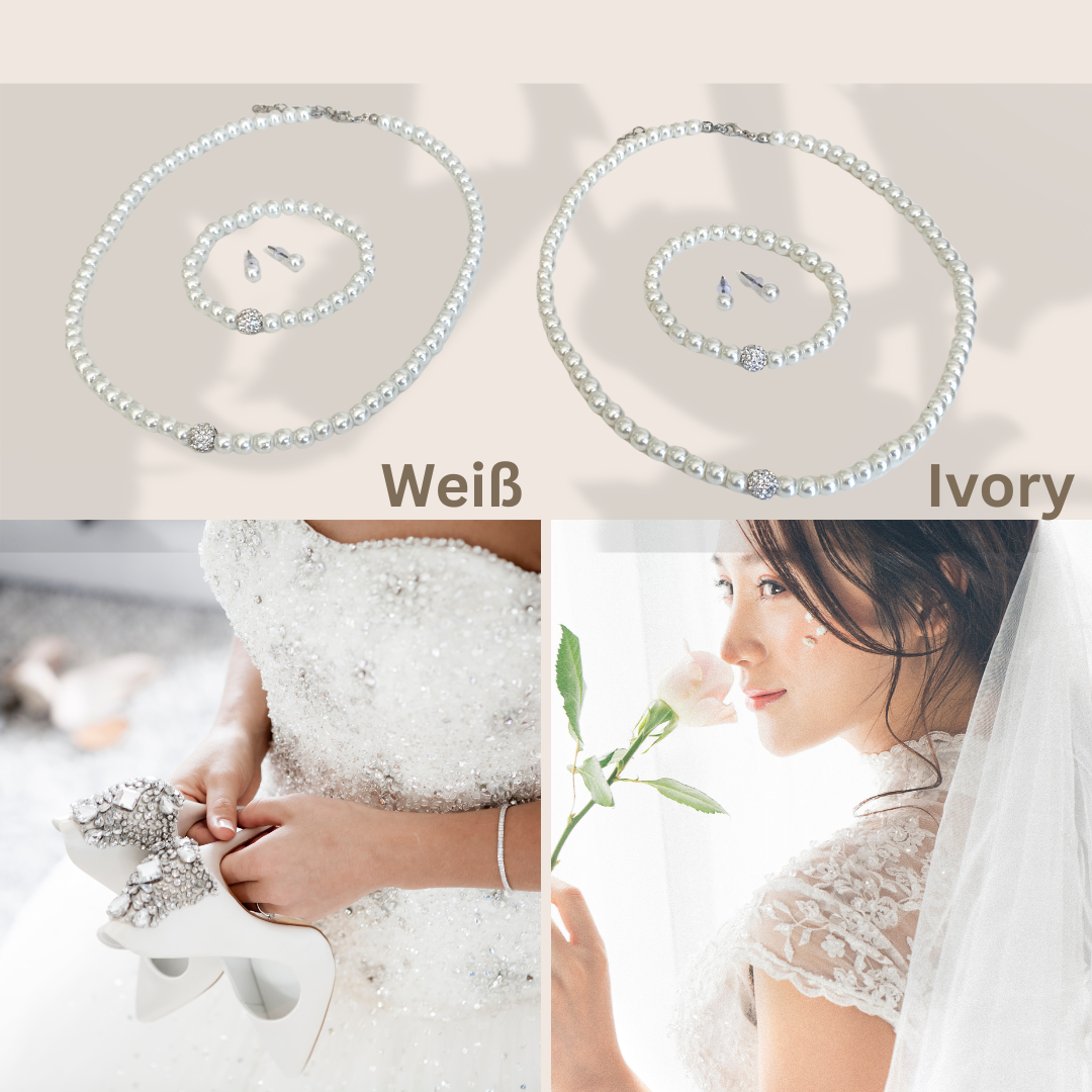 Brautschmuck Set 3-teilig – Glaswachsperlen Weiß oder Ivory Kette, Armband & Ohrringe | ONDEGO®