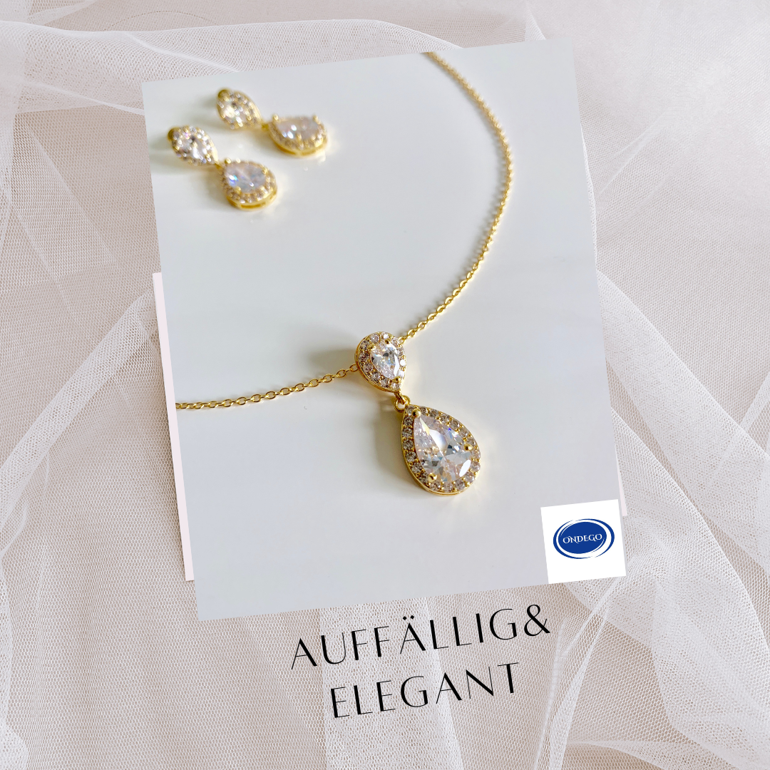 Brautschmuck Set Gold – Zirkonia Tropfen Kette, Ohrringe & Armband verstellbar | ONDEGO®