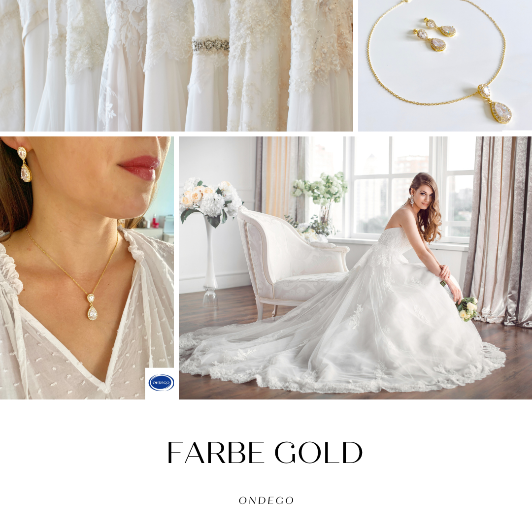 Brautschmuck Set Gold – Zirkonia Tropfen Kette, Ohrringe & Armband verstellbar | ONDEGO®