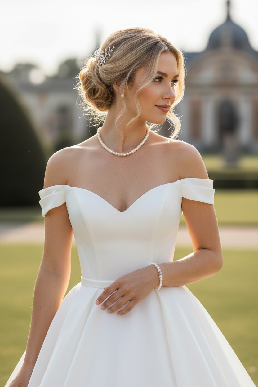 Brautschmuck Set 3-teilig – Glaswachsperlen Weiß oder Ivory Kette, Armband & Ohrringe | ONDEGO®