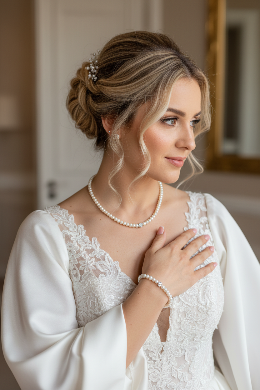 Brautschmuck Set 3-teilig – Glaswachsperlen Weiß oder Ivory Kette, Armband & Ohrringe | ONDEGO®