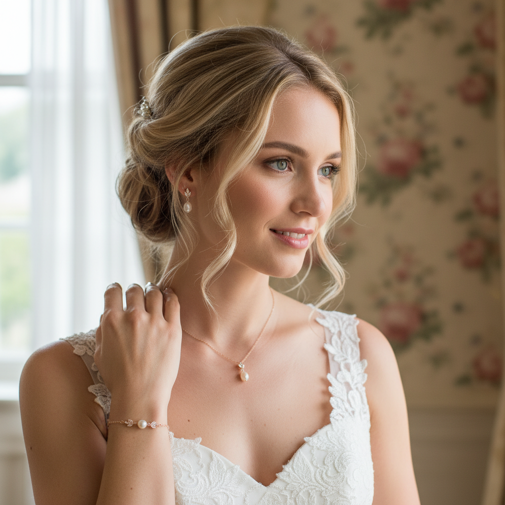 Perlen Schmuckset Roségold – 3-teilig | Kette, Ohrringe & Armband | ONDEGO®