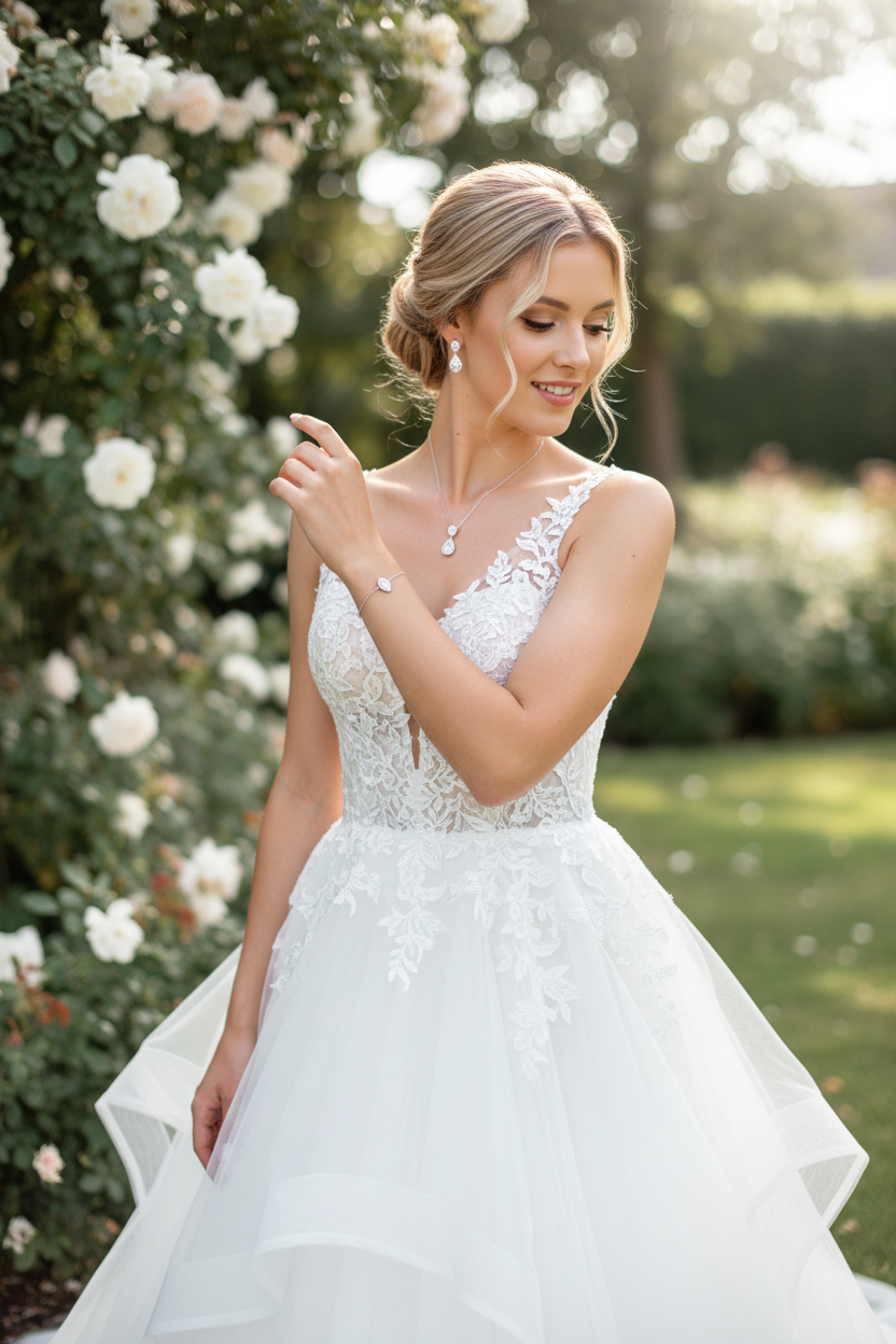 Brautschmuck Set Silber – Zirkonia Tropfen Kette, Ohrringe & Armband verstellbar | ONDEGO®