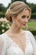 Brautschmuck Set Silber – Zirkonia Tropfen Kette, Ohrringe & Armband verstellbar | ONDEGO®