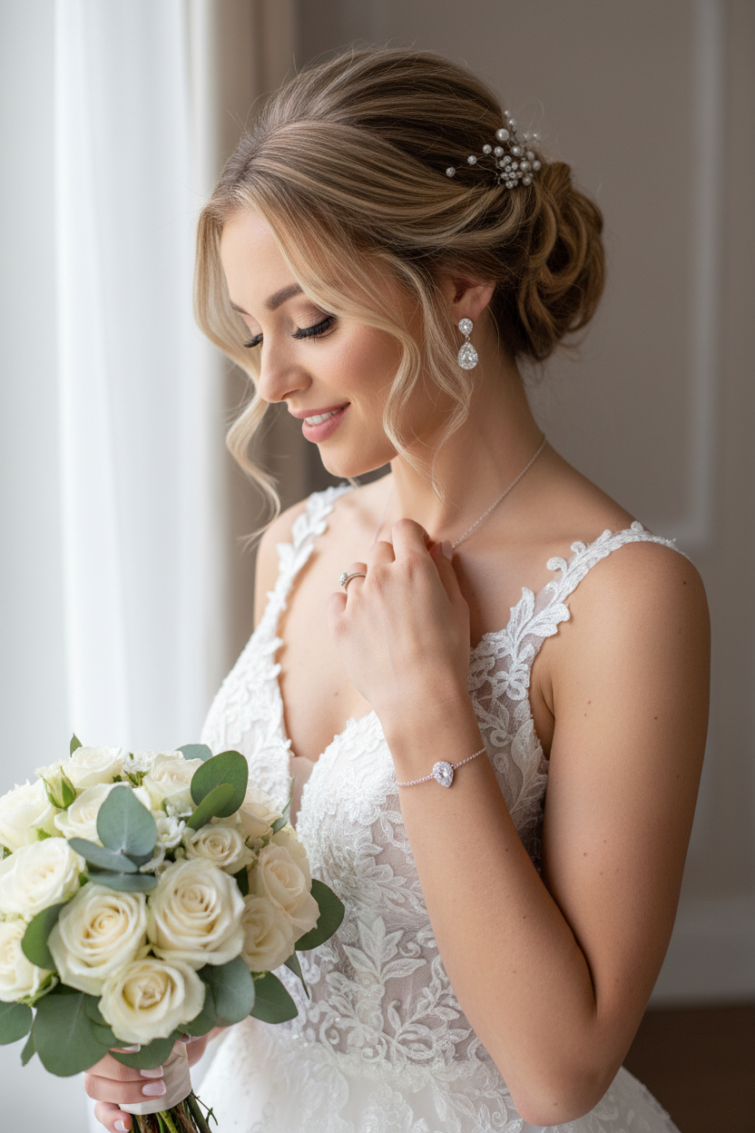 Brautschmuck Set Silber – Zirkonia Tropfen Kette, Ohrringe & Armband verstellbar | ONDEGO®