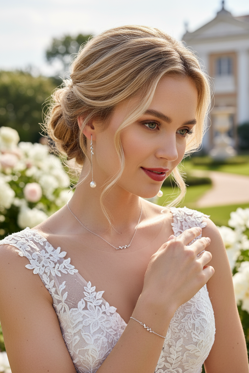 925 Silber Perlen Blätter Schmuckset – luxuriöses 3-teiliges Set mit Zirkonia | ONDEGO®