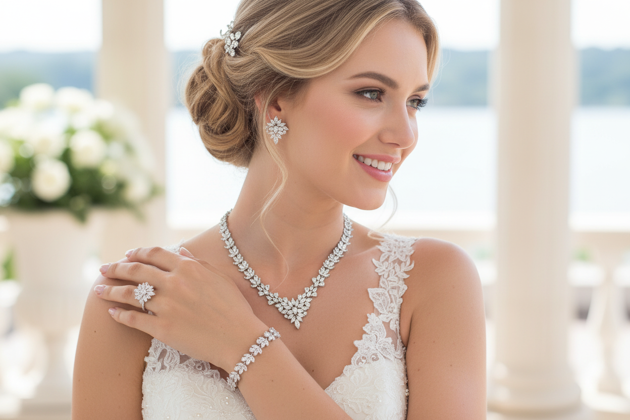 Zirkonia Schmuckset Silber – 4-teilig mit Collier, Ohrringen, Armband & Ring | ONDEGO®